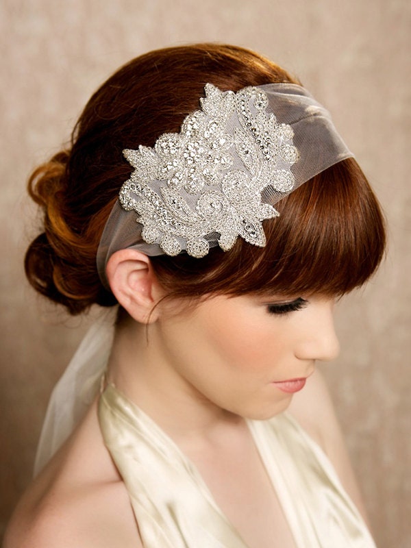 Crystal Headband, Veil Head Wrap, Art Deco, Vintage Inspired Tulle Veil, Roaring 20s Wedding Style - ELOISE