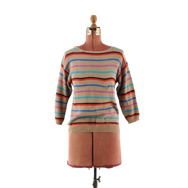Vintage 1970's All Cotton Knit Preppy Slouchy Mini Bright Stripe Sweater M