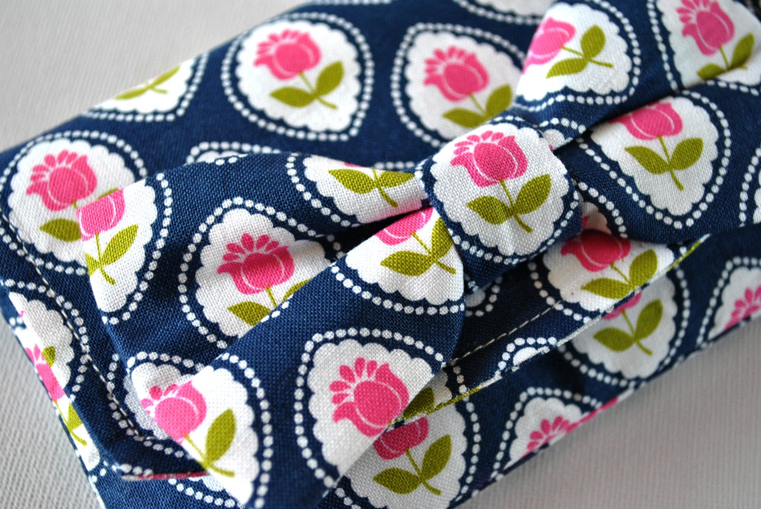 Purse wallet pouch: Tilda tulip flower print in Navy blue,pink and green with bow.