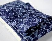 Coin purse wallet: Abstract hand drawn triangle shapes print in light blue and navy with ruffle.