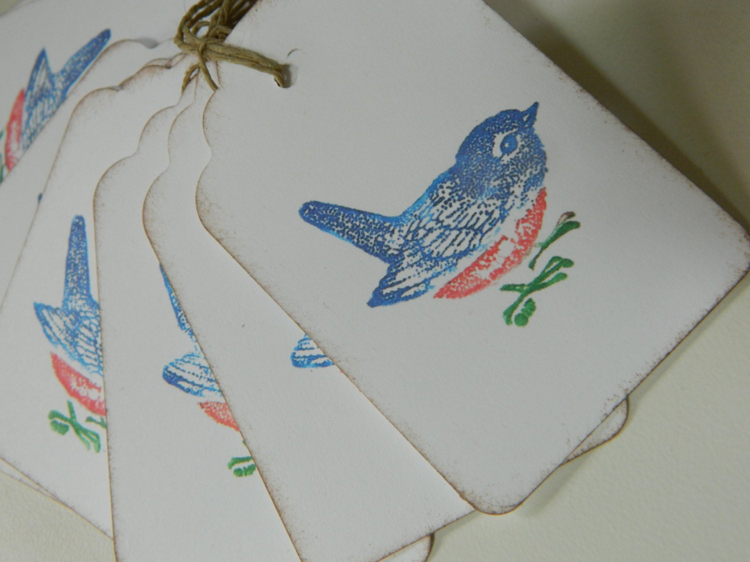 Blue bird tags - New larger size - Set of 10 - Hand stamped white cardstock, jute twine ties