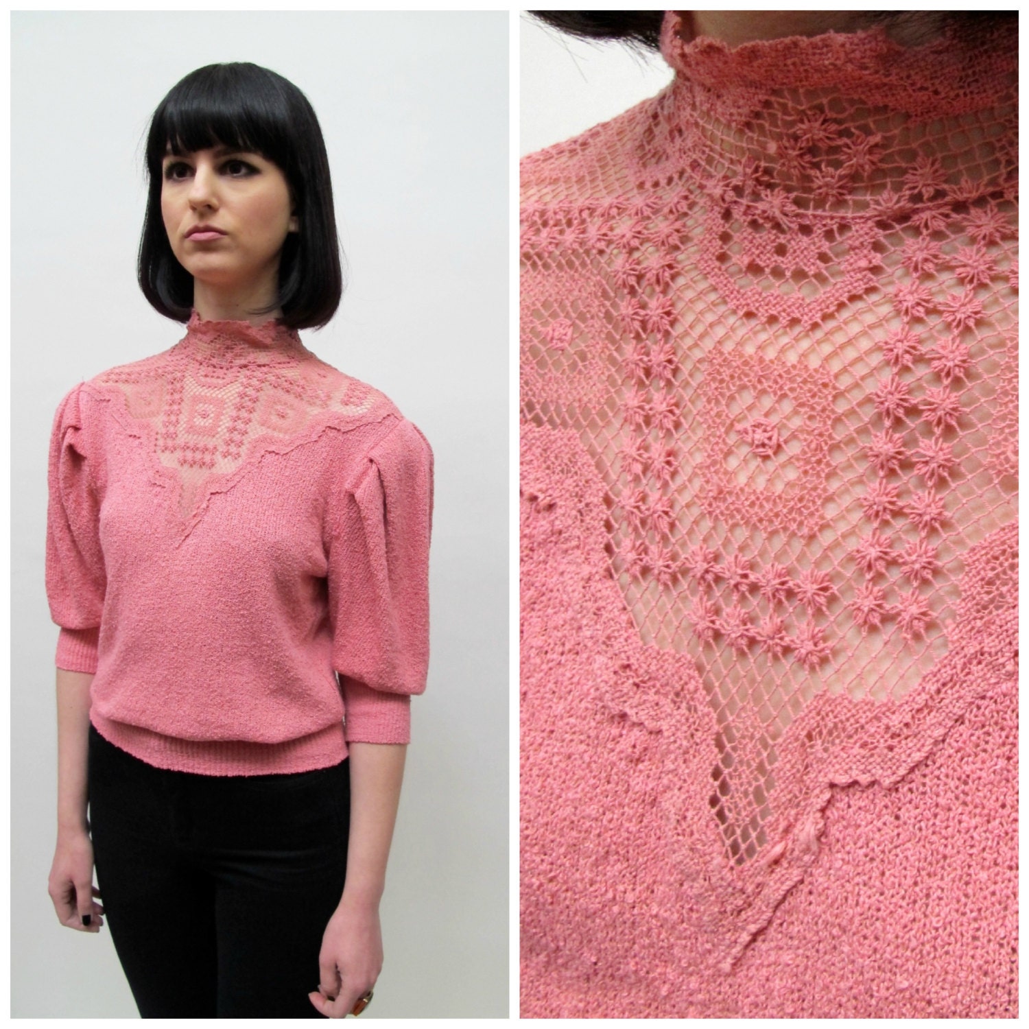 Pink Sweater Blouse with Lace Inset Details