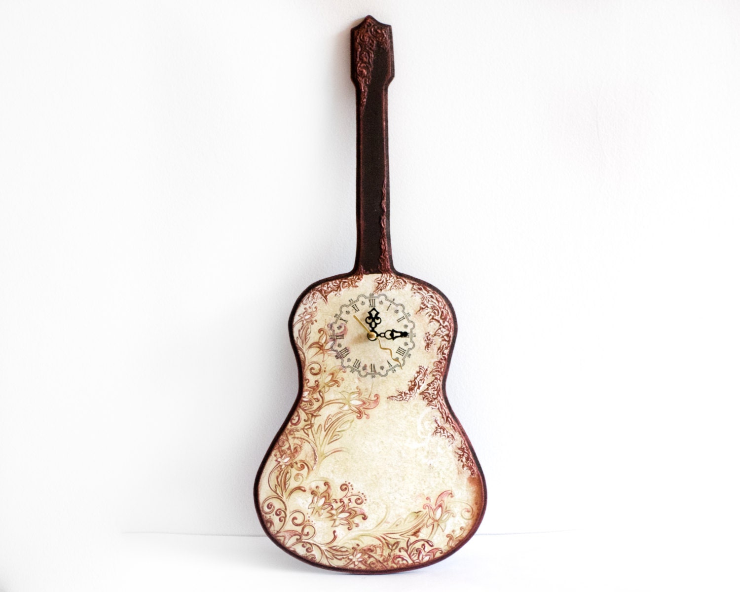 Guitar Wall Clock, Copper Flower Swirls, Melody Spring Decor, Rustic brown, Guitar for the Music Lover, Dorm Decor ohtteam