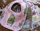 Baby Bibs for Baby Girl - Set of 3 - Pink and Grey - Queen Anne Chair, Birdcages, and Gallery Frames