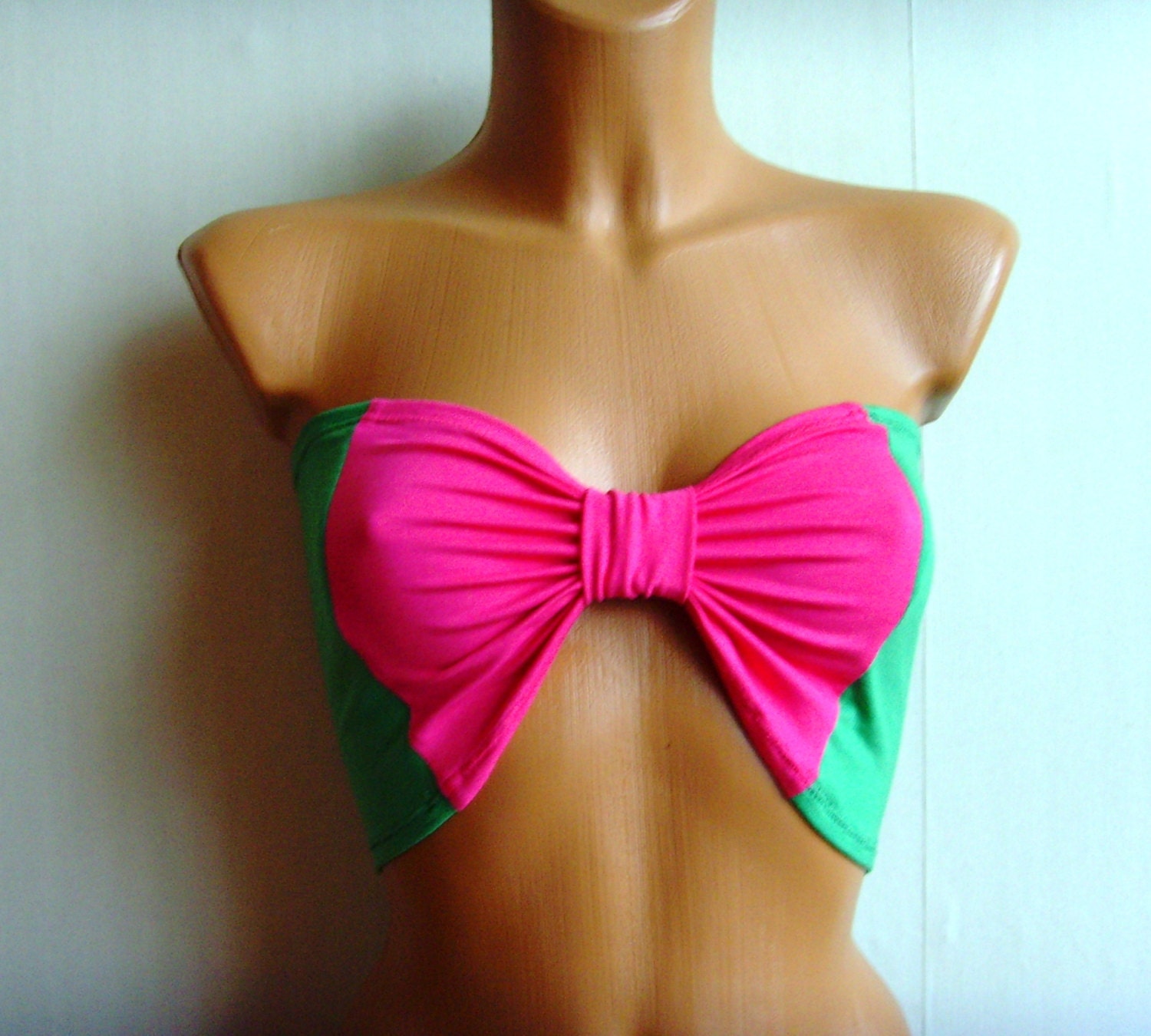10% discount with code cvetinka10 Sport Bandeau Yoga Beach Bra Tube Top In Kelly Green And & Bright Neon Pink Bow CUSTOM MaDe