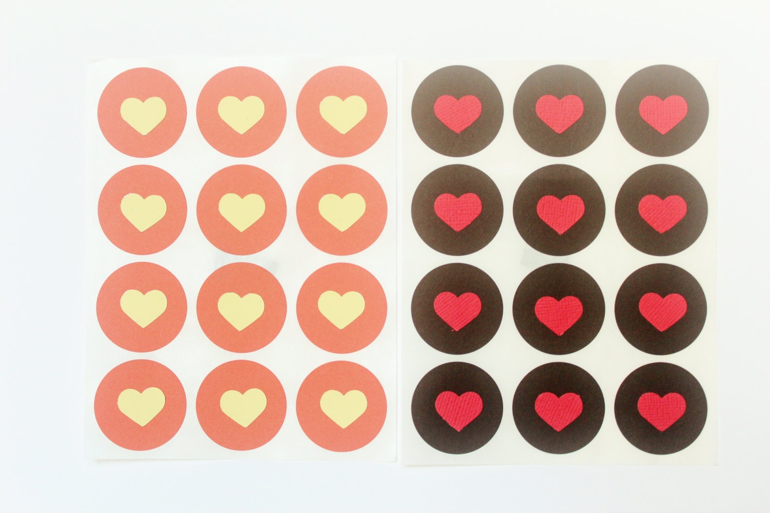 Heart Circle Stickers in Chocolate, Cream and Red, Set of 24 stickers