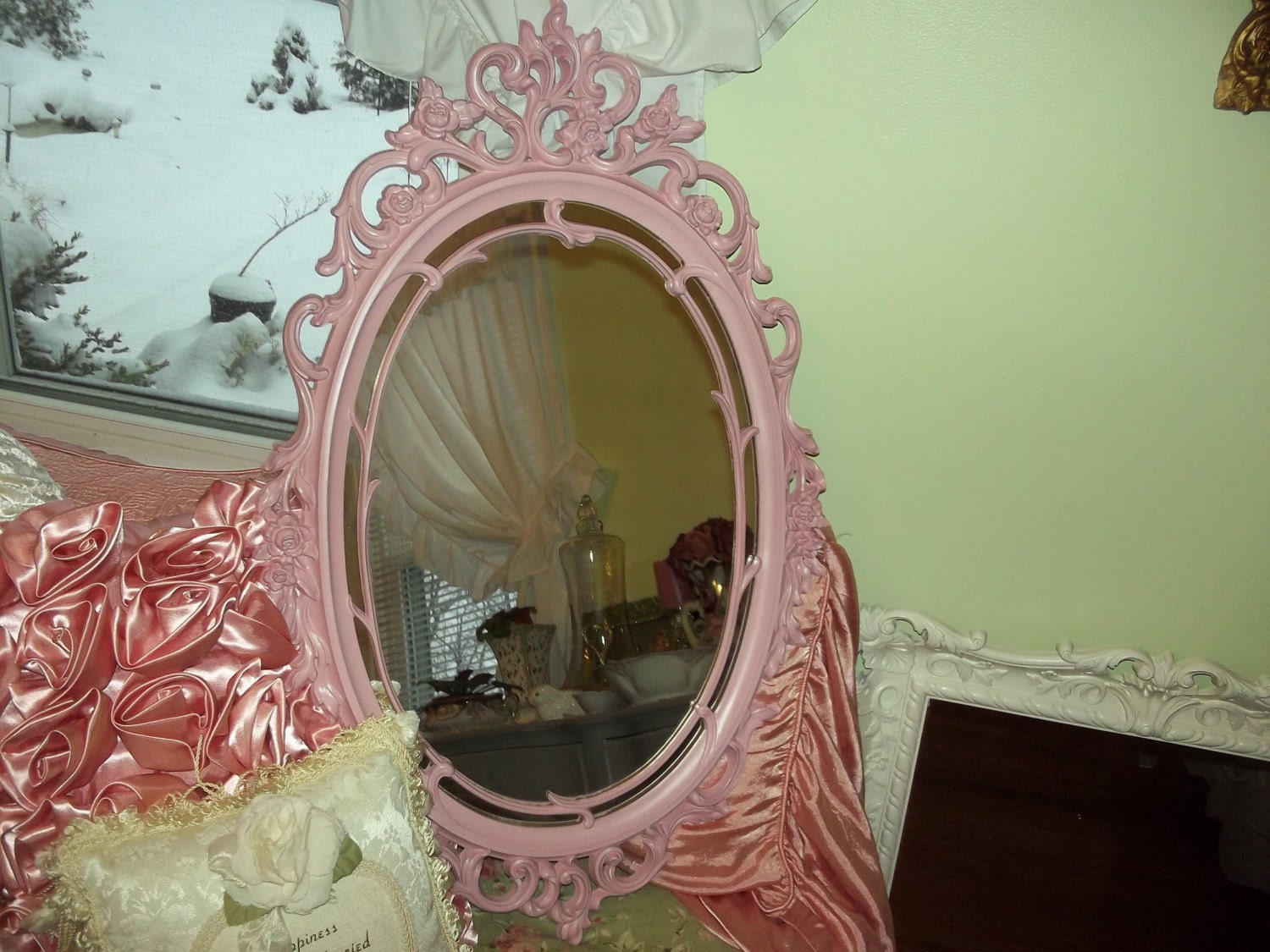 Elegant and exquisite Ornate Pretty in Pink, Hollywood Regency, Baby nursery, PINK framed vintage mirror
