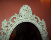 Vintage Hollywood Regency French farmhouse distressed satin white ornate BABY girl nursery 28x16 framed Syroco  MIRROR