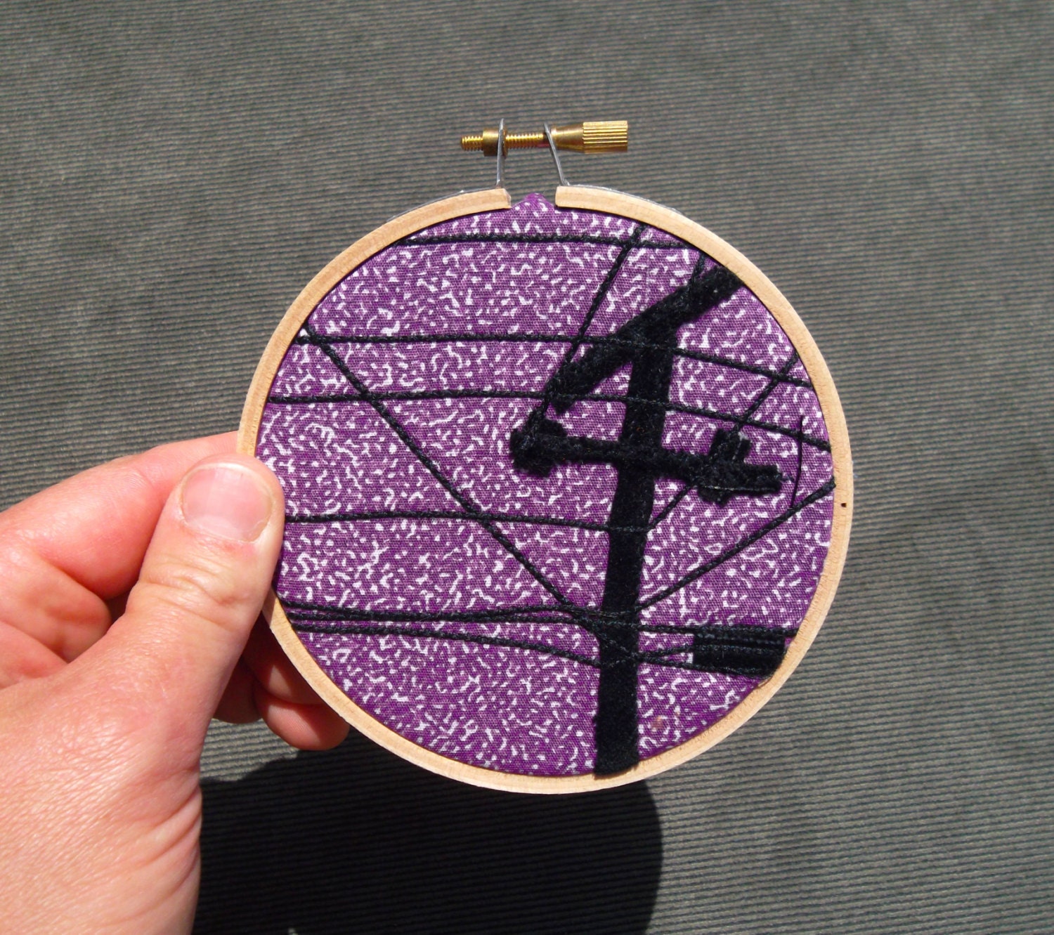 Mini Hoop, "Telephone Pole with Grape Static Sky," recycled fabric art, mounted in 4 inch embroidery hoop, OOAK, ready to hang