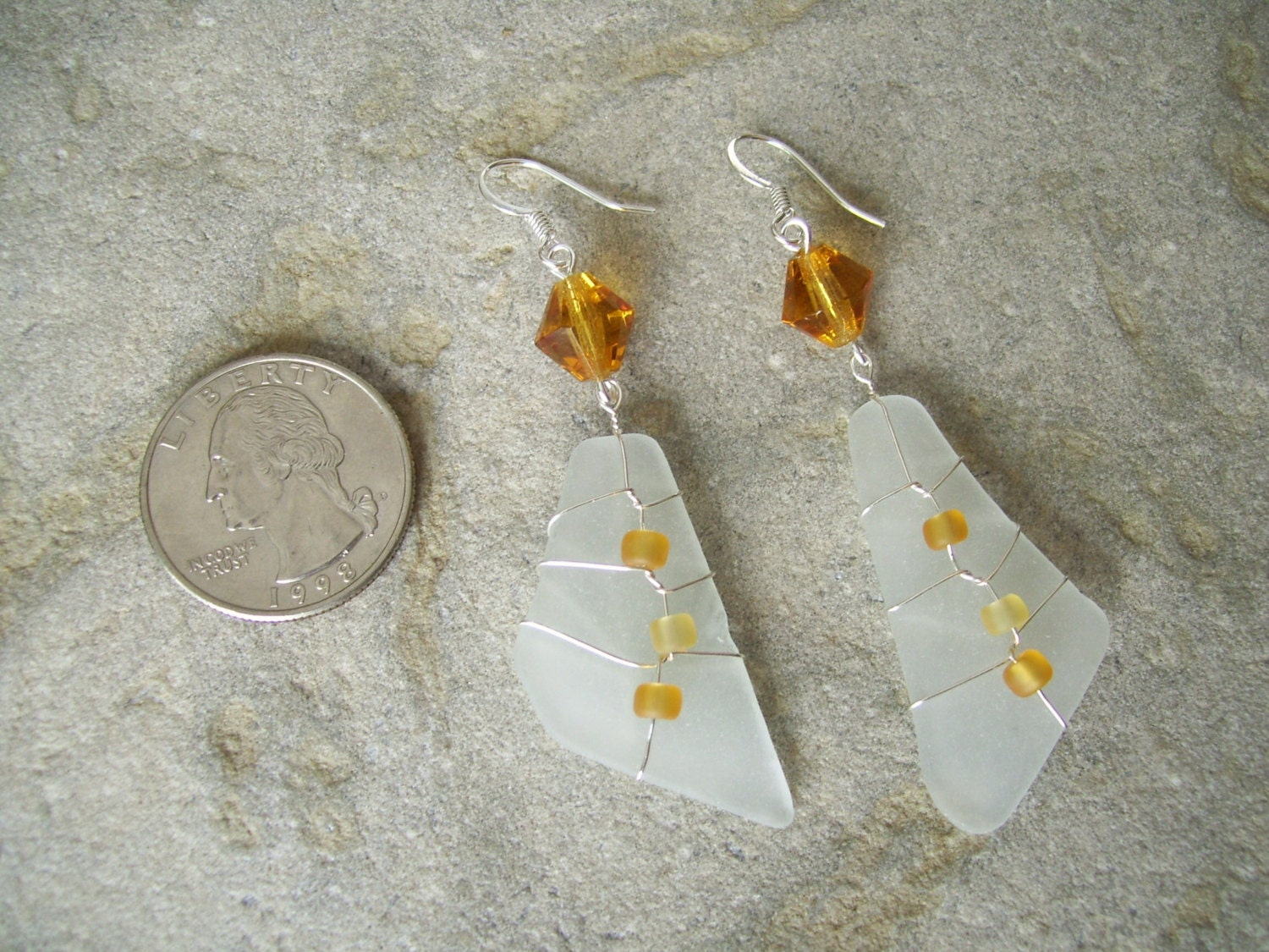 Large Beach Glass Earrings with amber glass beads