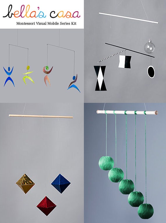 4 Montessori Visual Mobiles-The Munari, Octahedron, Gobbi and Dancer Mobile (Free black and white art cards)