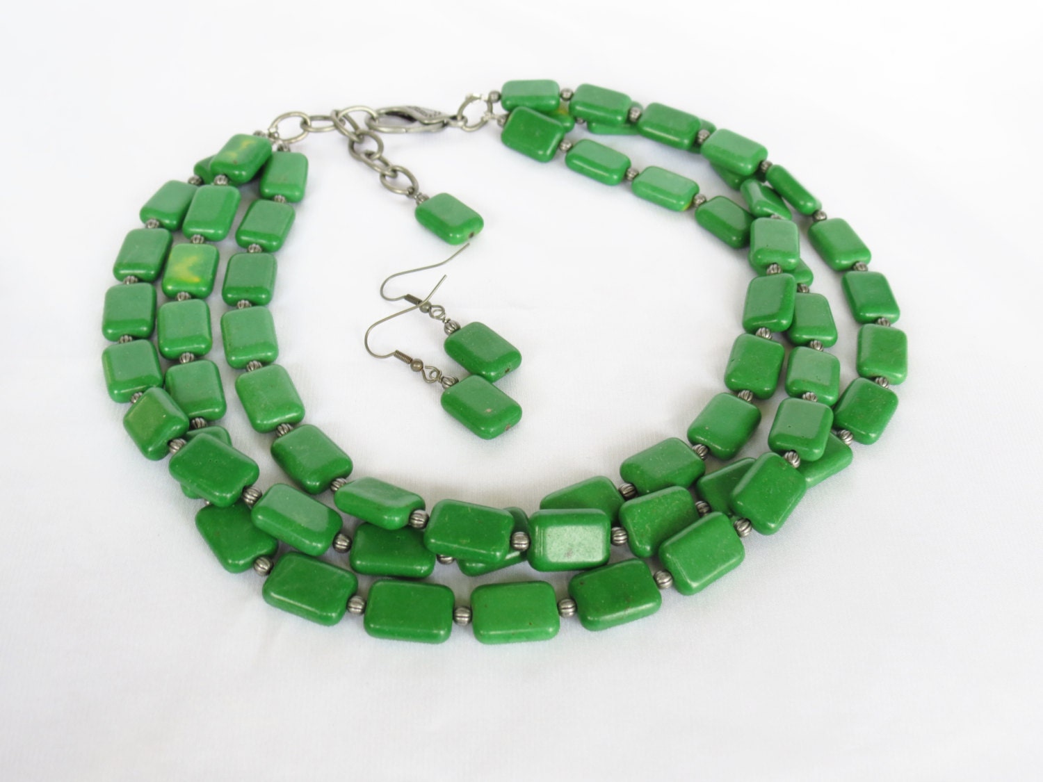 Green Magnesite Beaded Necklace - Kelly Green Multi Strand Statement Necklace & Earrings Set