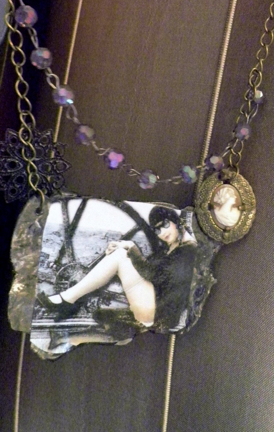 Layered necklace with vintage cameo smoky beads and handhewn clay pendant