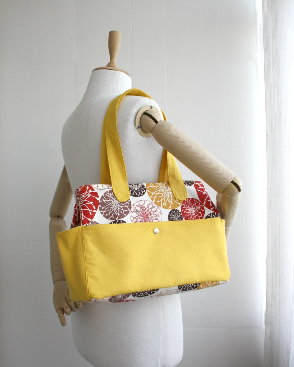 Yellow and Orange Red Brown Circle Design Cotton Big Shoulder Bag //  Handbag Mothers Day gift