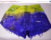 HALF OFF Vintage Bleached Destroyed High Waist Galaxy Green and Purple Studded Denim shorts