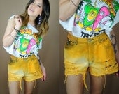 HALF OFF Vintage Dyed Destroyed High Waist Studded Denim shorts orange yellow sunshine short shorts