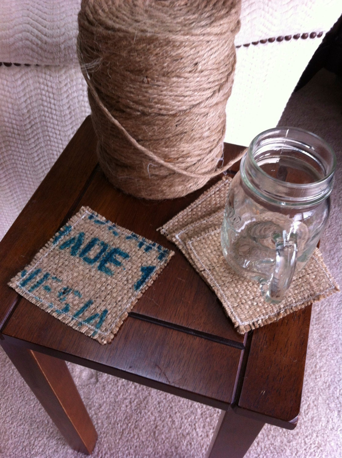 Set of 12 Burlap Coasters Rustic Cottage Shabby Chic Teal Recycled Coffee Bag