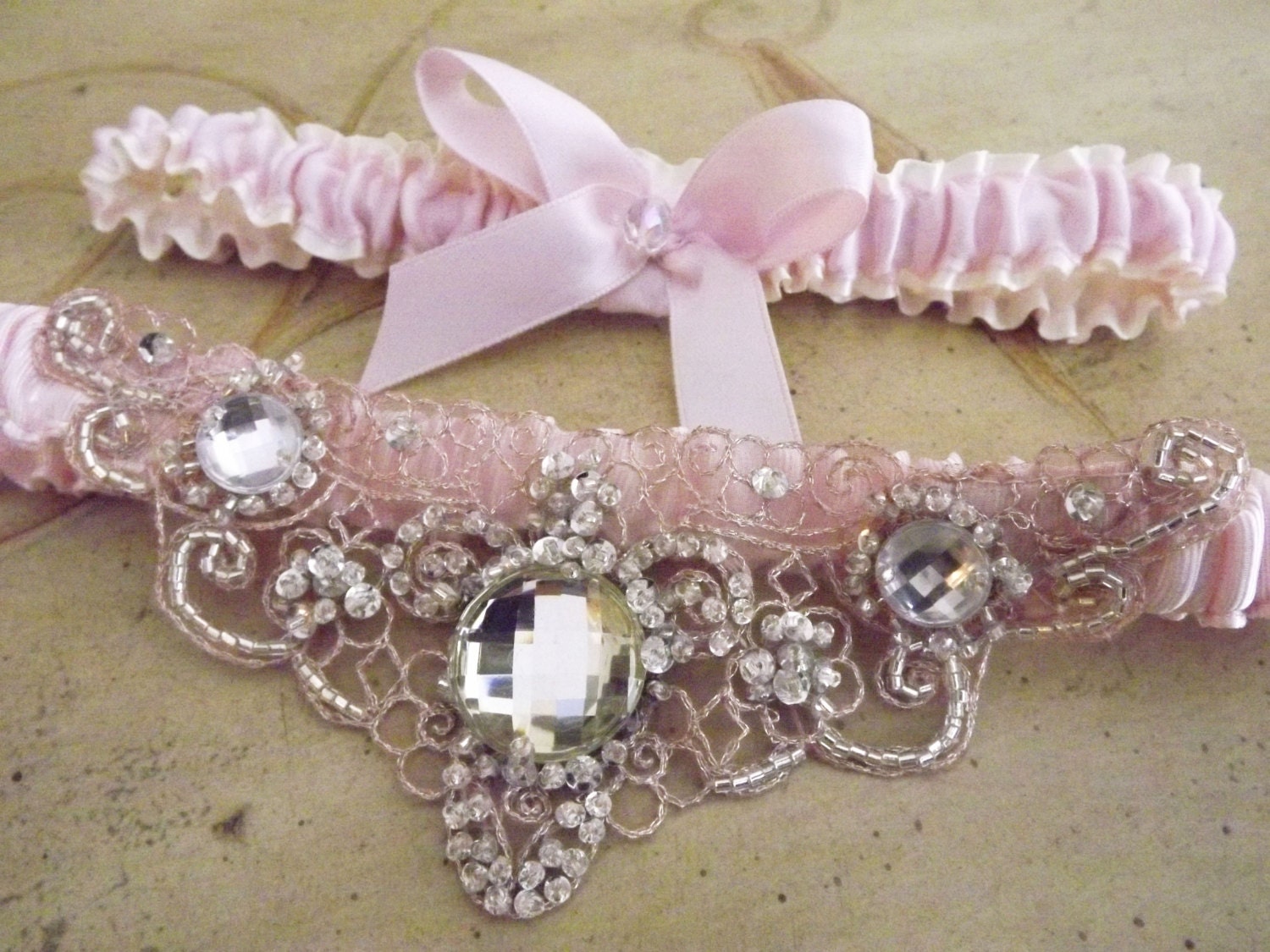 Blush and Ivory Bridal Garter Set with  Beaded and Embroidered Crystals Applique