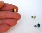 fused glass single stud earring stud with 23 kt gold, dark garnet red, surgical steel back