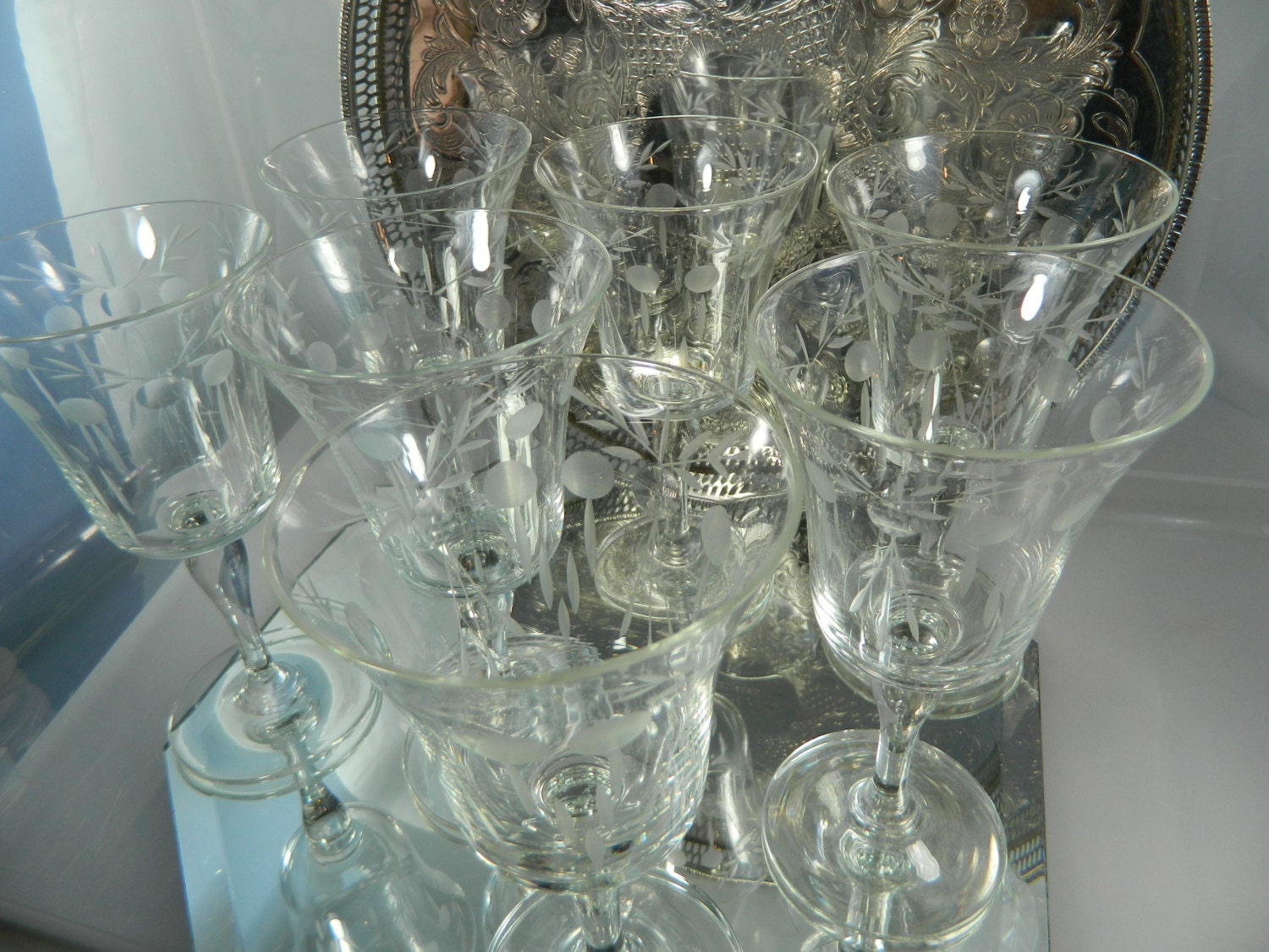 Vintage Etched Crystal Glasses Set of 6 Plus 1 On Sale