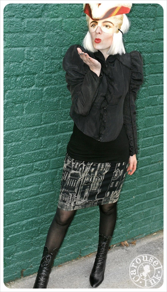 Victorian City Skirt - Black Pencil skirt  - Black Mini - Black White Art - Printed - SMALL