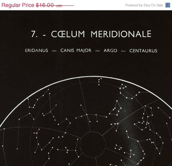 Southern Constellations Eridanus, Canis Major, Argo, Centaurus, Old Celestial Print 1960s