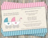 Boy/Girl Twin Stroller Baby shower Invitation, pink and blue Digital, Printable file (any colors)