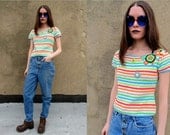 Striped Crochet Crop Top Rainbow Raver Mod Shirt Hippie