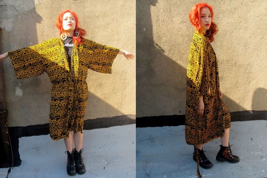 Yellow Abstract Batik Print Zig Zag Kimono Oversized Robe Dress