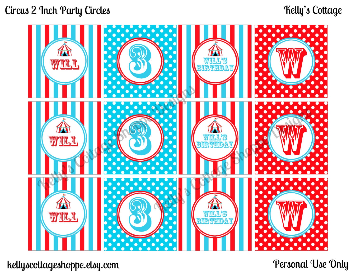 Custom, Printable Circus 2 Inch Party Circles, Blue/Green.... Cupcake Toppers, Favor Tags, Decorative Circles Il_170x135