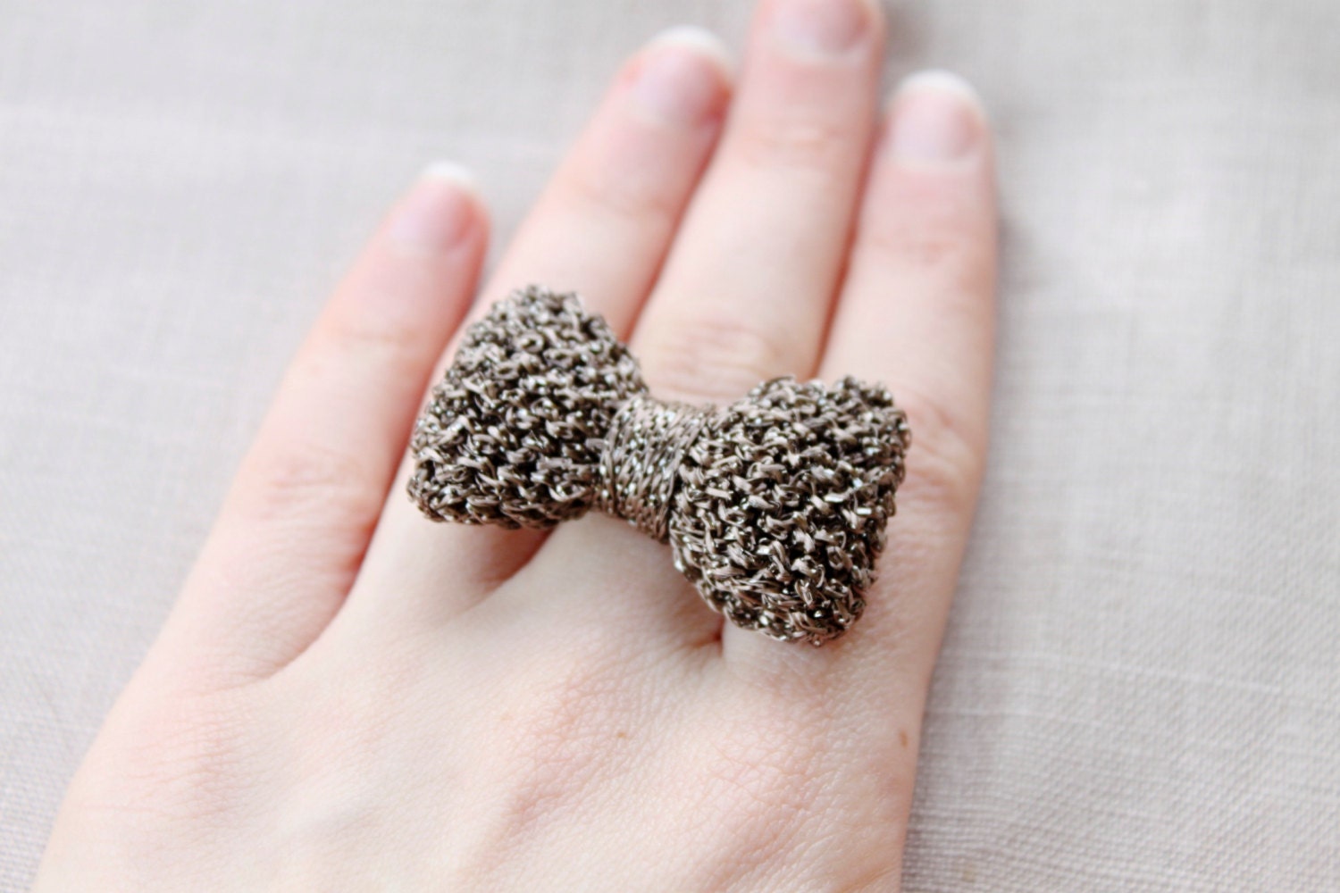 Bow Ring Knitted in Metallic Yarn, Adjustable Bow Ring, Knitted Bow