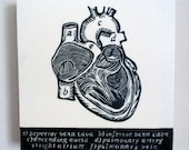 The Knowing Heart, Relief Print on Wood Panel, encaustic, anatomical heart, latin text, hand pulled print, original art