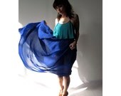 Vintage 90s Does 70s Aqua & Electric Blue Maxi Dress with Pleats. Size Small