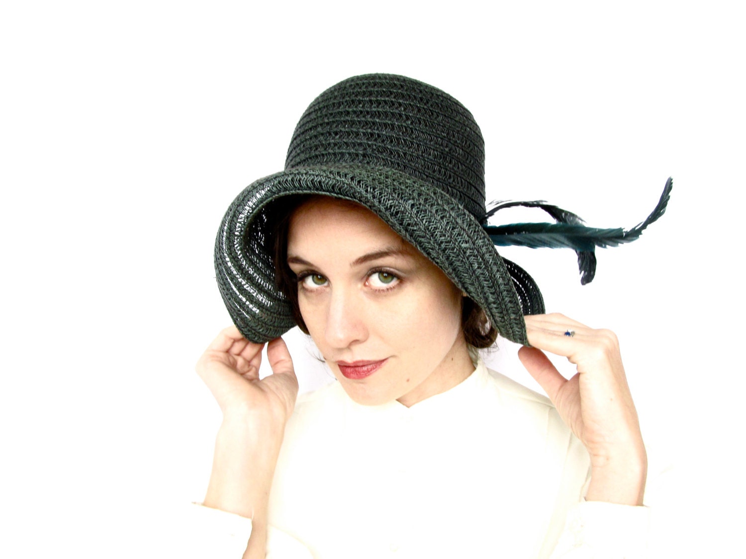 vintage soft black straw cloche with beautiful iridescent blue feathers