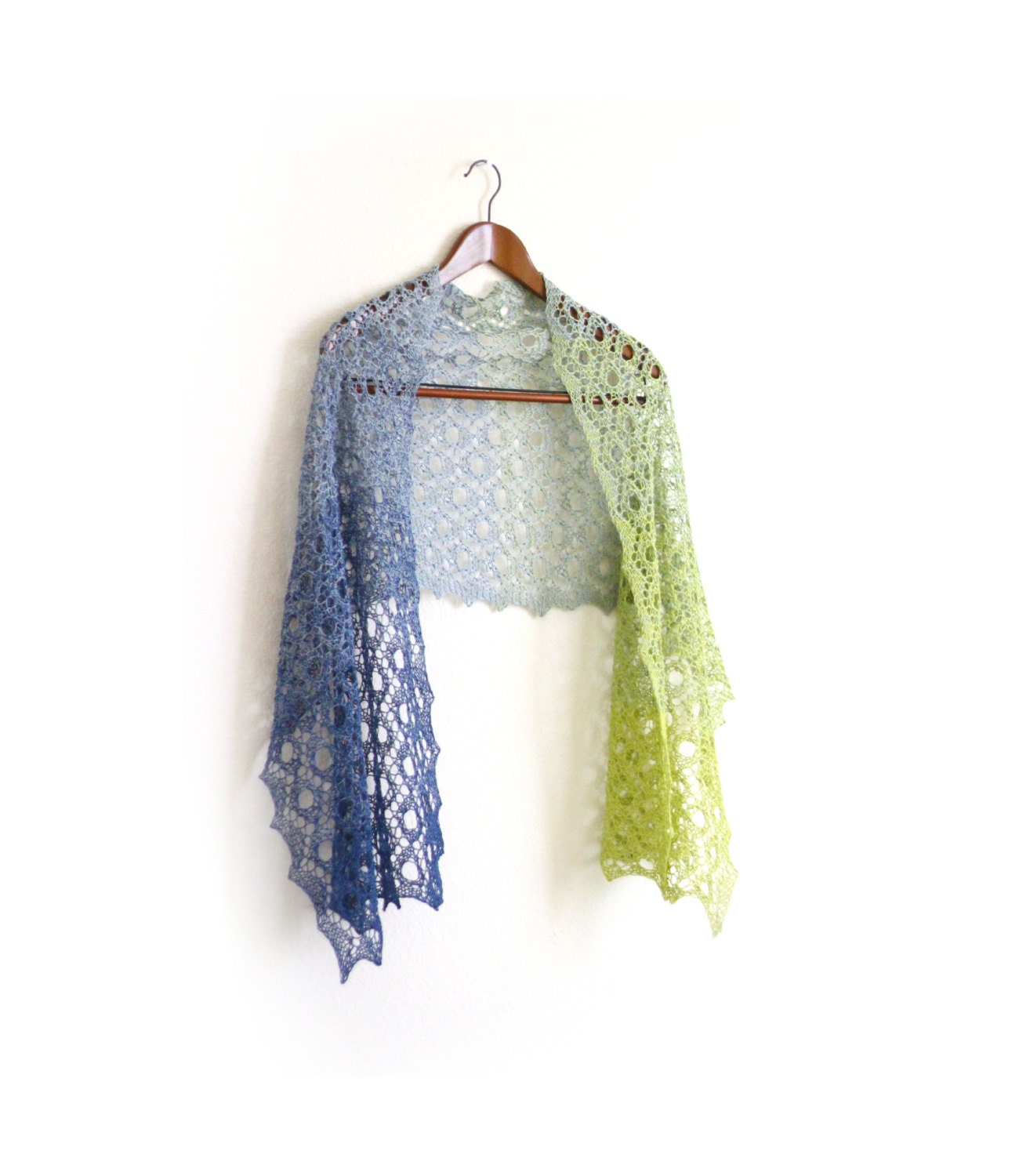 Hand knit shawl scarf gradient cotton green blue
