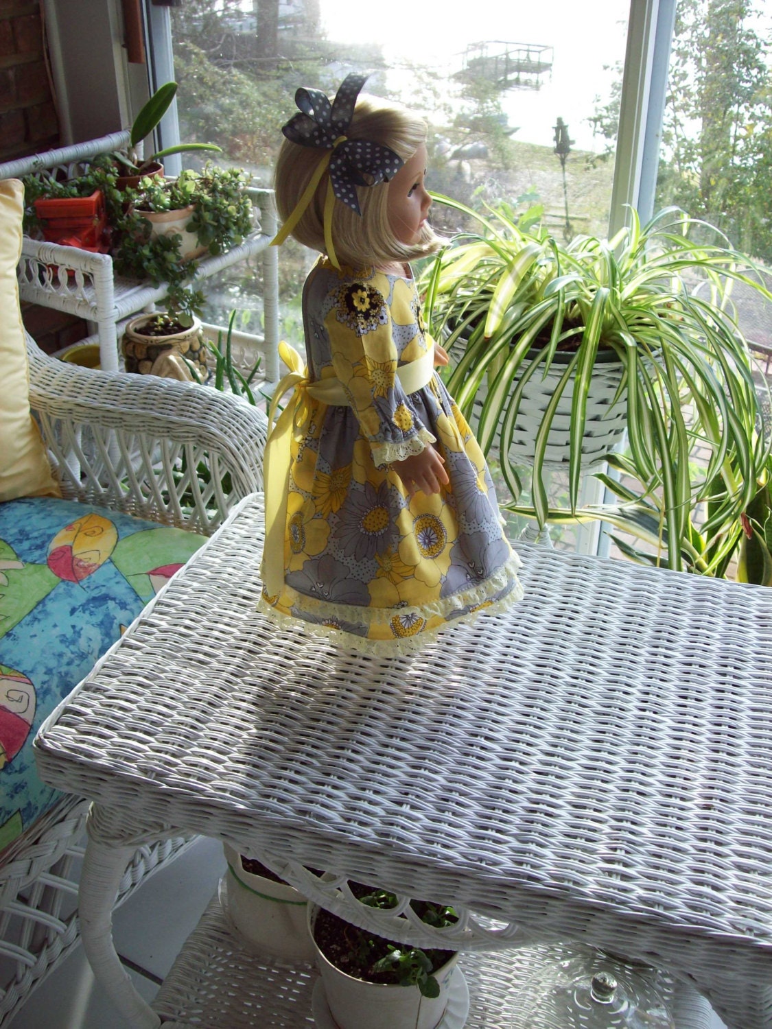 American Girl Doll or 18 inch doll dress and hair clip Yellow floral fabric with yellow lace trim.