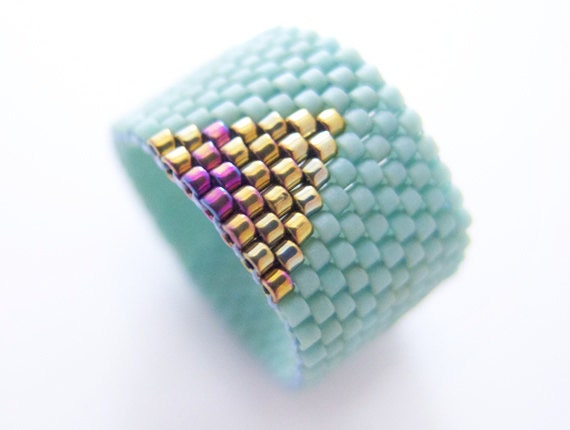 Mint Ring, Beaded Ring Band, Gold Triangle Ring, Geometric Ring Band, Gold Arrow Ring, OOAK Handmade by JeannieRichard