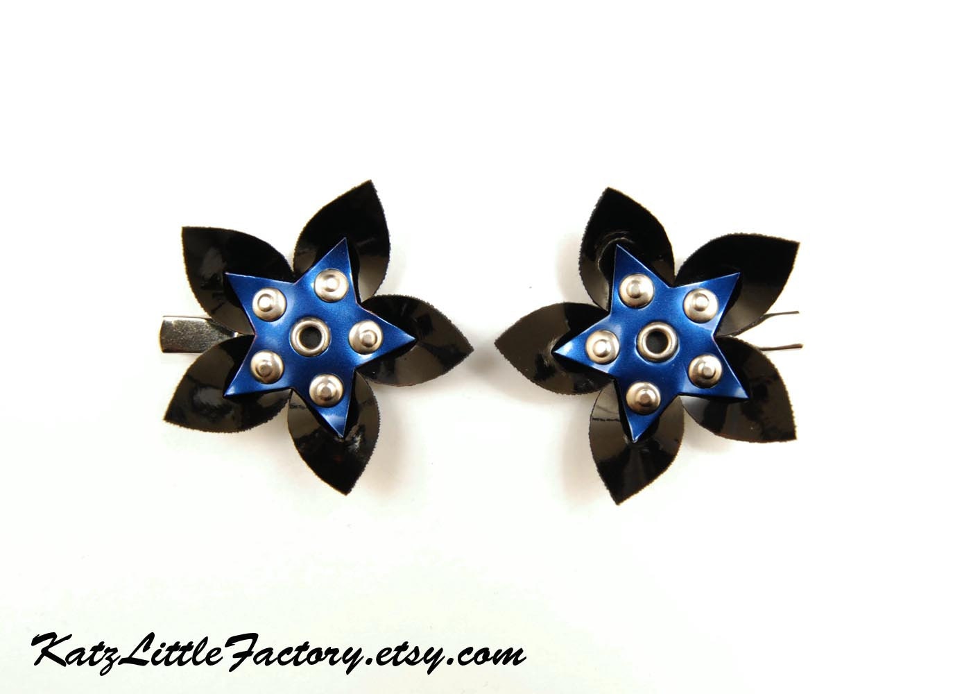 Pair Cyber Flower hair clips - Metallic blue and black PVC silver studs gothic industrial