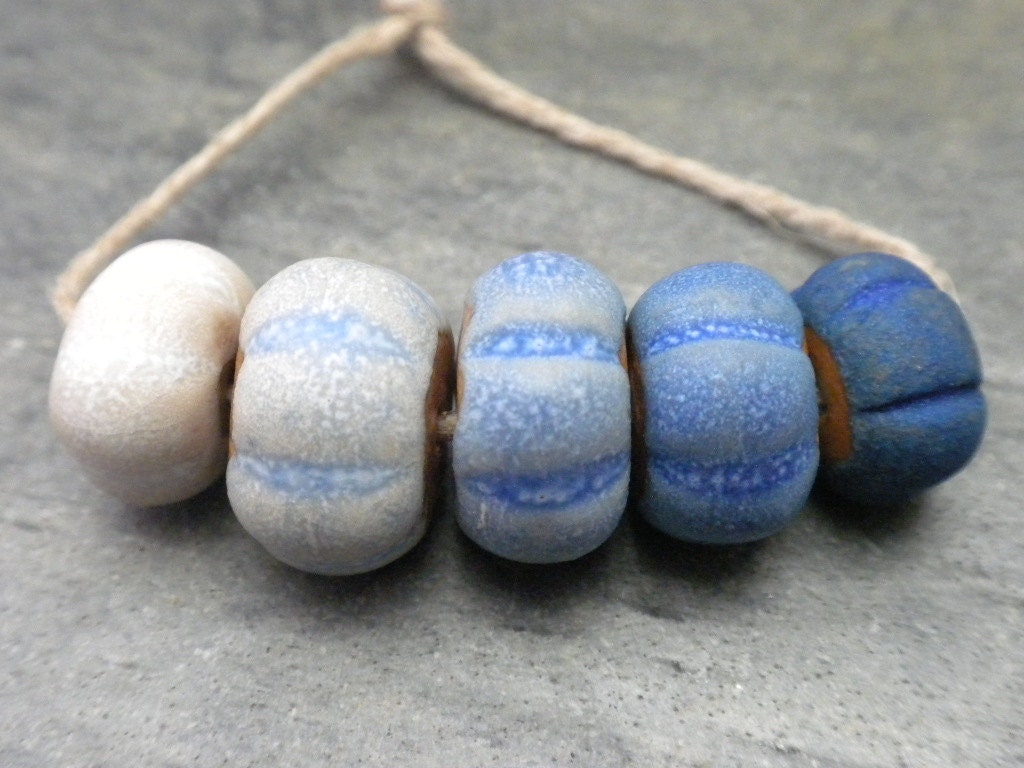 Ombre - handmade ceramic cobalt blue color shift rustic bead set 3139