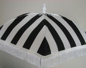 VICTORIAN PARASOL in Elegant Black and Pure White Stripe Satin and Embellished with White Fringe