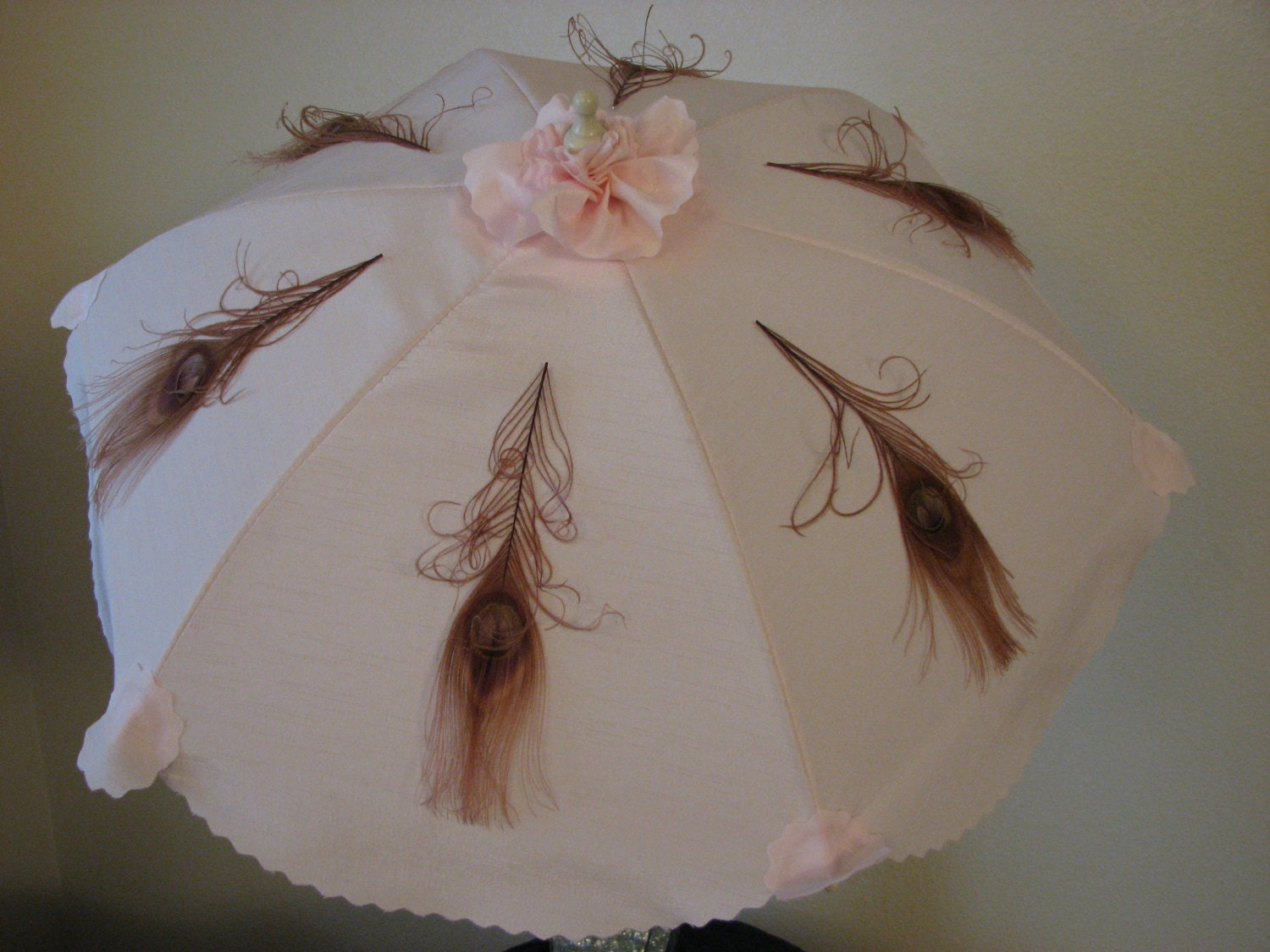 VICTORIAN PARASOL Embellished with Curled Natural Dusty Rose Peacock Feathers on Elegant Pink Shantung