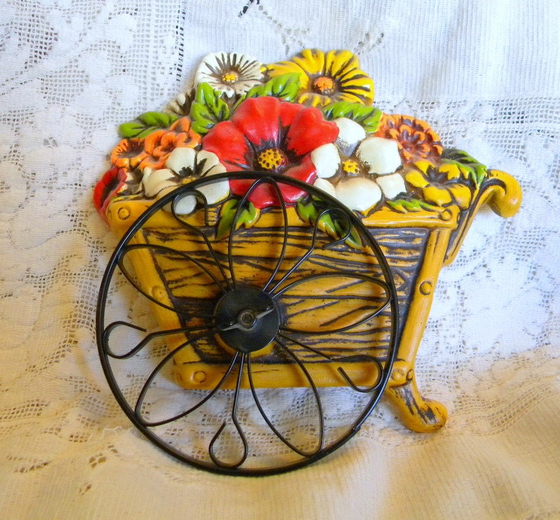 Lefton flower cart wall plaque with metal wheel