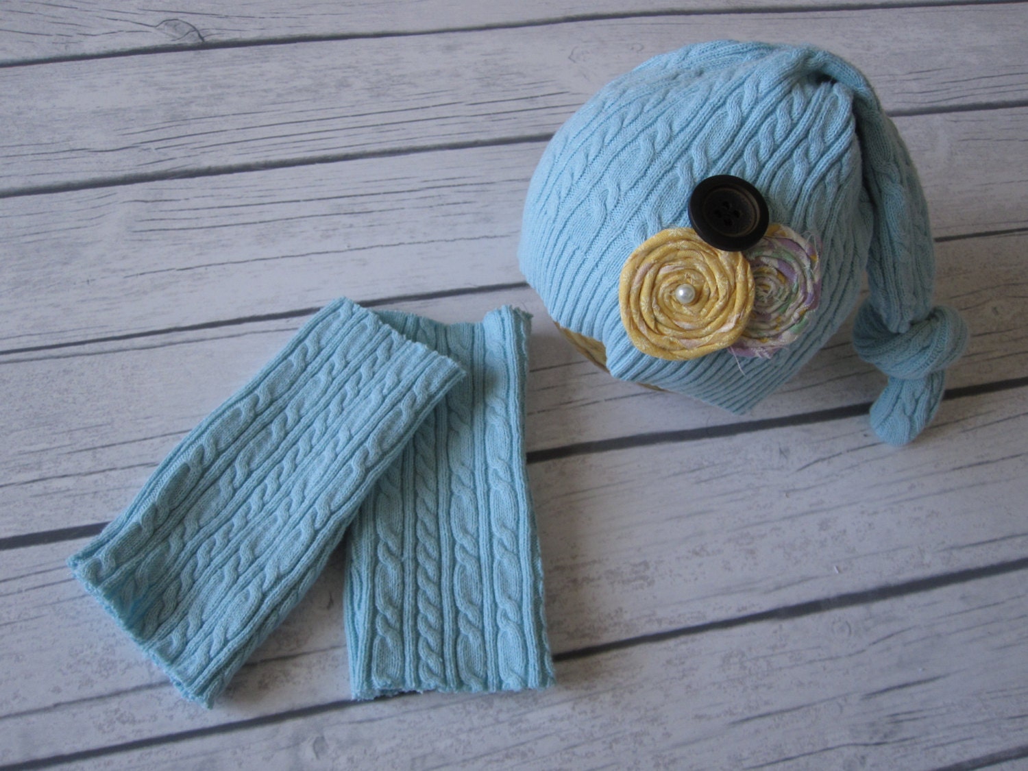 OOAK Upcycled newborn legwarmers and hand embellished nightcap in soft blue - photography prop- RTS