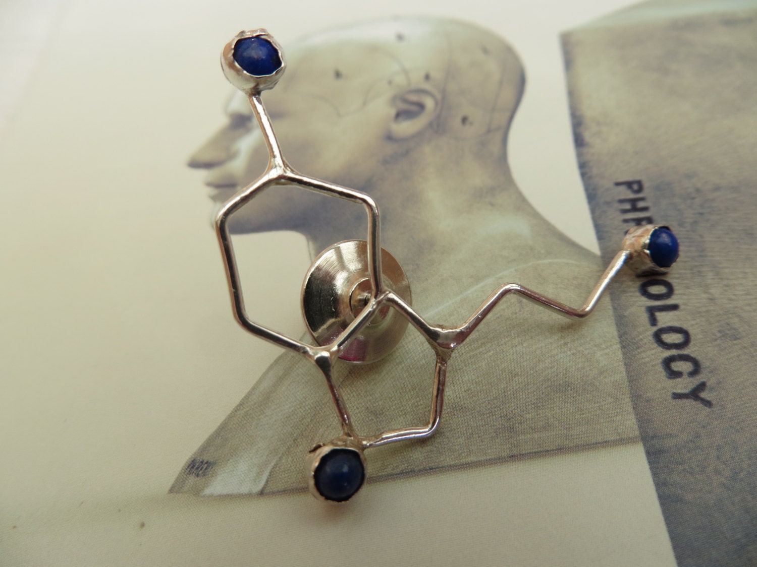 Serotonin Pinbrooche, fine sterling silver and blue lapis gemstones,