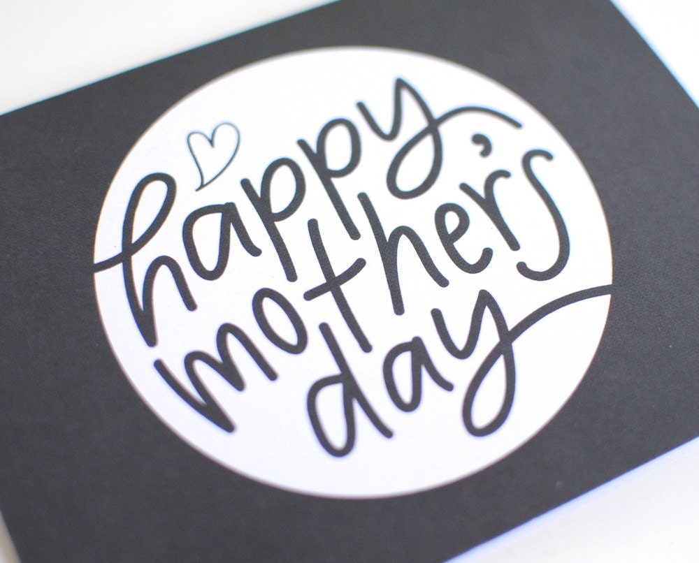 Happy Mother's Day, Greeting Card, Hand Lettered, Handwriting with Heart, Minimalist, Charcoal Grey and White, Blank Inside, Single