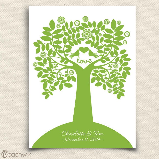 Wedding Tree Guest Book - Charmwik Guest Book Tree - Peachwik Interactive Guestbook Print - 125 guest sign in - love birds, flowers & leaves