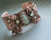 Forest Nymph - green prehnite and fold formed leaves copper wire woven wrapped wide cuff bracelet
