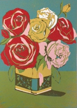 Tea Tin, original linocut of wild roses in a tin, 9x12