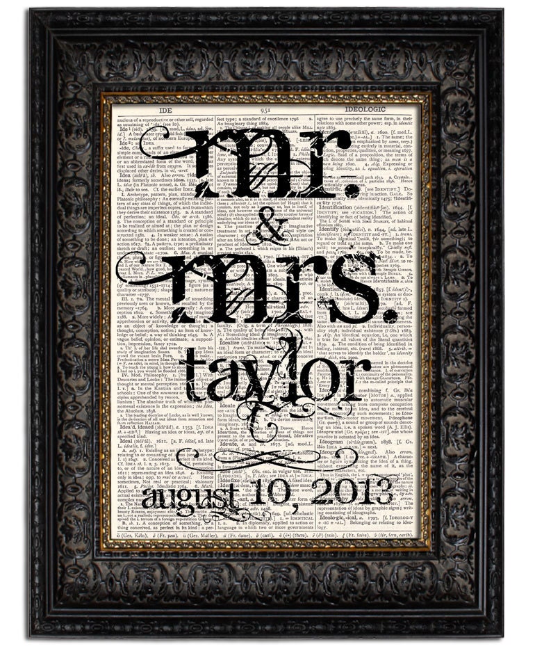 Custom Personalized 11x 14 inch Wedding Sign Gift For MR & MRS Poster Typographic Typography Art Print Reproduction Vintage Dictionary Page