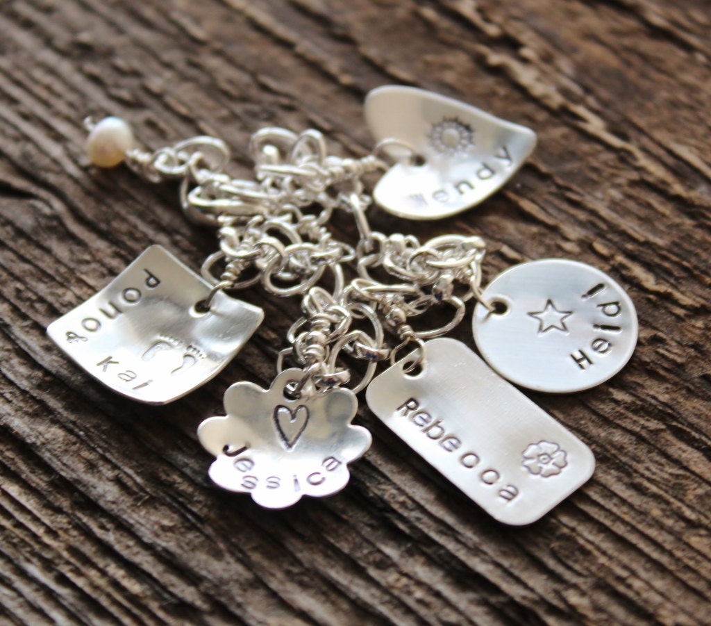 Personalized Charm Bracelet- Hand Stamped Name Bracelet- Sterling Silver